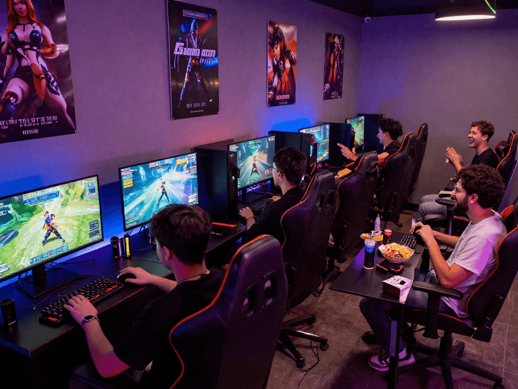 Engaging gaming lounge where friends enjoy playing porno games online, showcasing interactive fun and technology