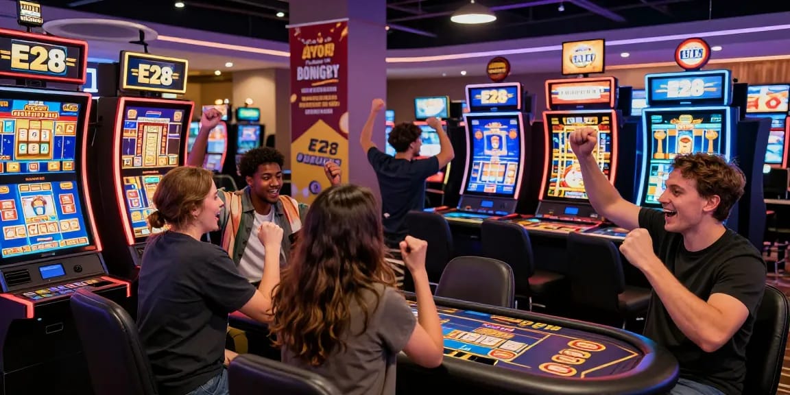 Exciting E28 gaming atmosphere with diverse friends celebrating wins at an online casino in Malaysia.