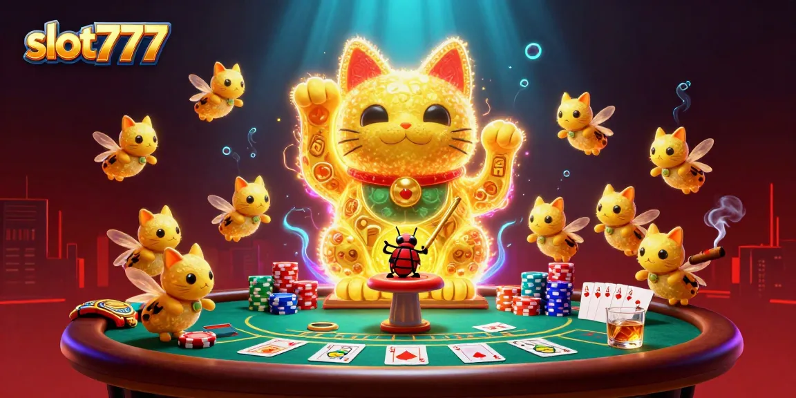 Engage in the excitement of slot777 as golden fireflies form a lucky cat amidst vibrant casino symbols.