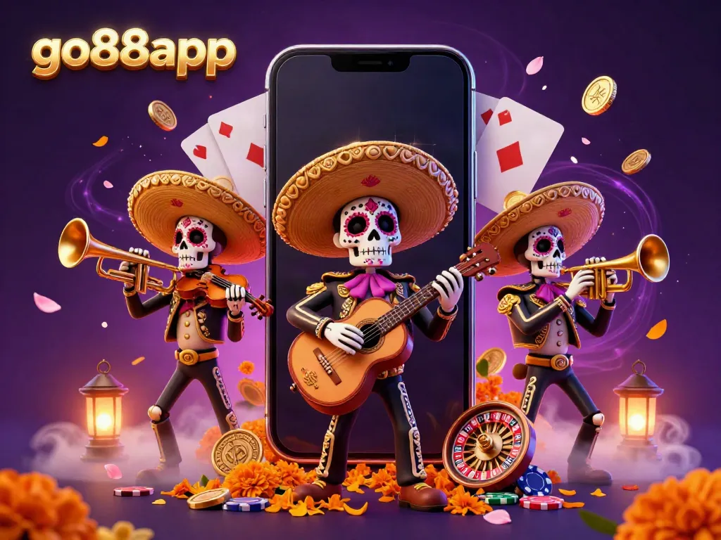 Win big with go88app in this colorful casino scene featuring a lively mariachi band and vibrant slot game elements.