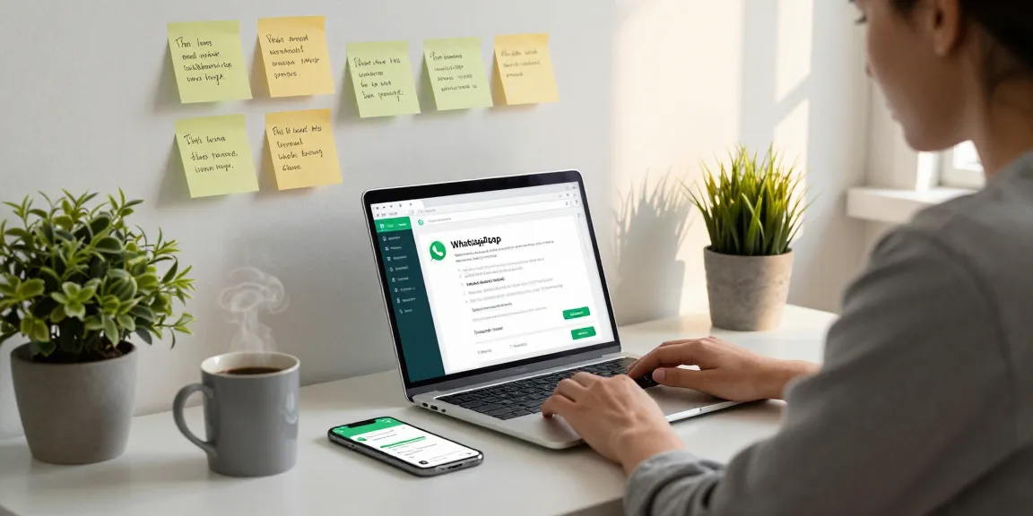 Professional home office scene with WhatsApp電腦版 open on laptop, showcasing remote collaboration tools.