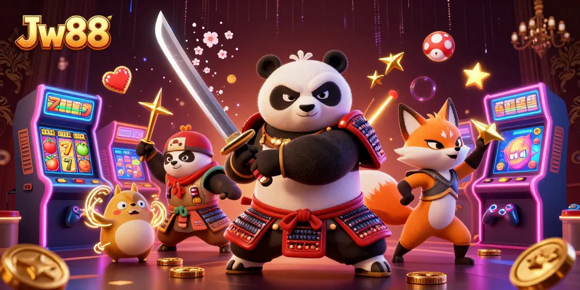 Engage with Jw88 through vibrant slot reels and 3D gaming characters in a dynamic atmosphere.
