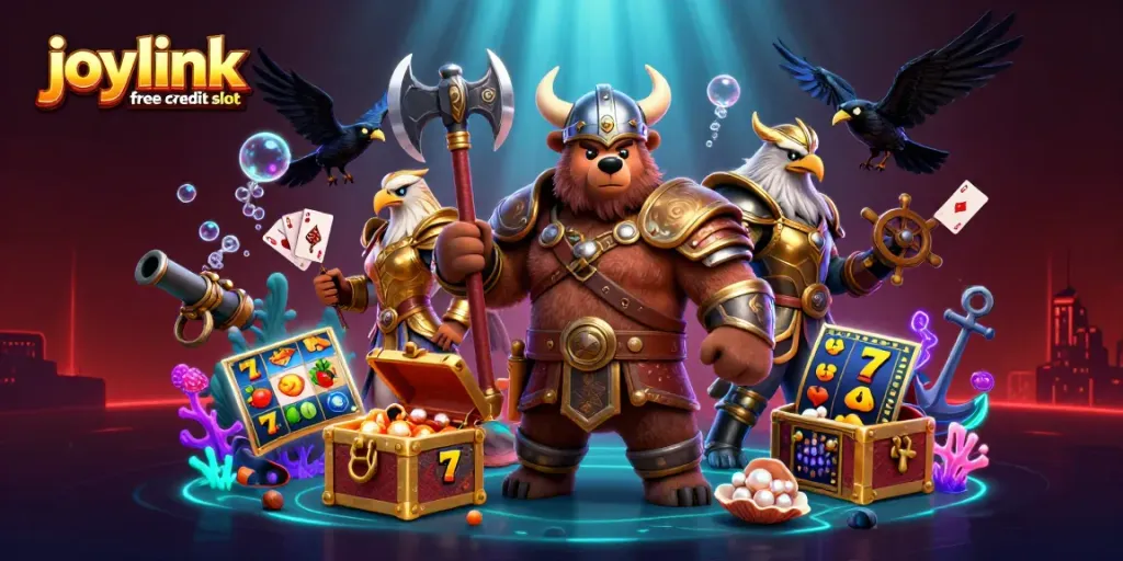 Unleash winning spins with joylink free credit slot and vibrant casino elements in an epic 3D scene.