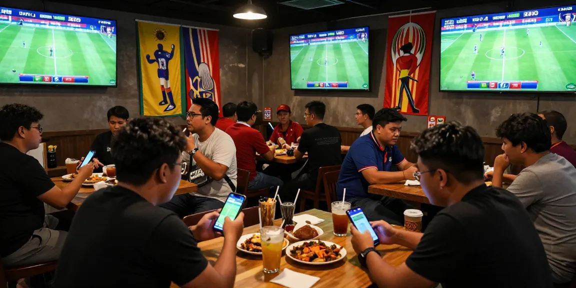 Exciting football betting Malaysia atmosphere in a lively sports bar with fans placing bets.