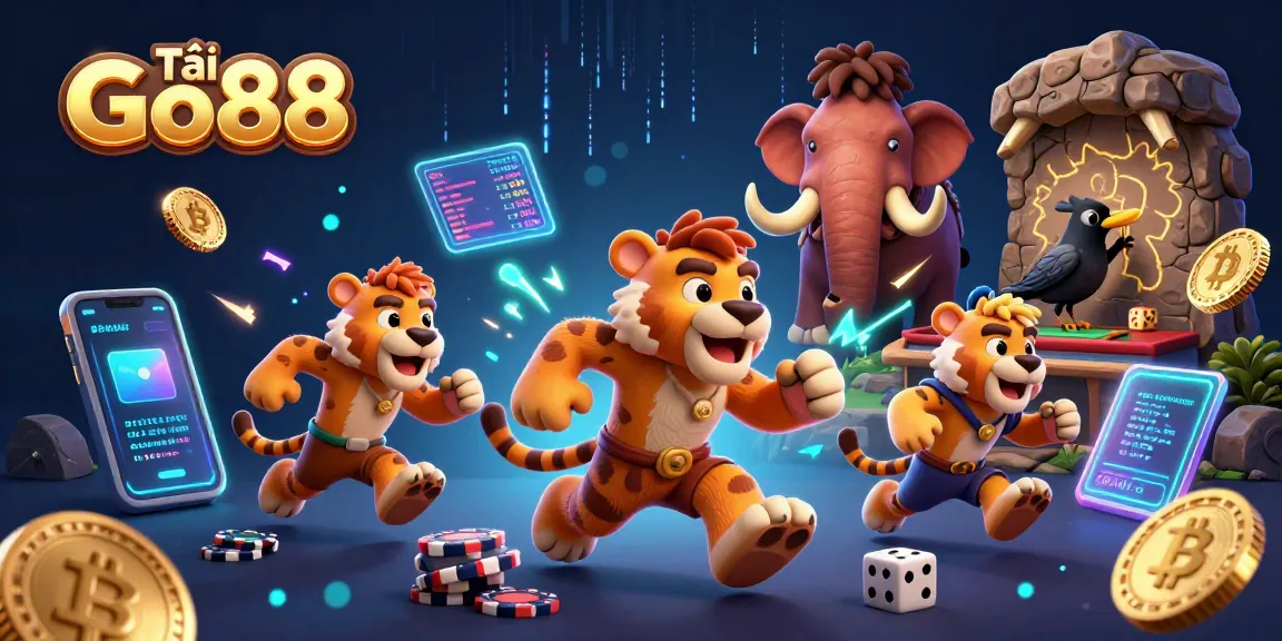 Tải Go88 exciting casino scene featuring a caveman duo, poker chips, and neon crypto coins.