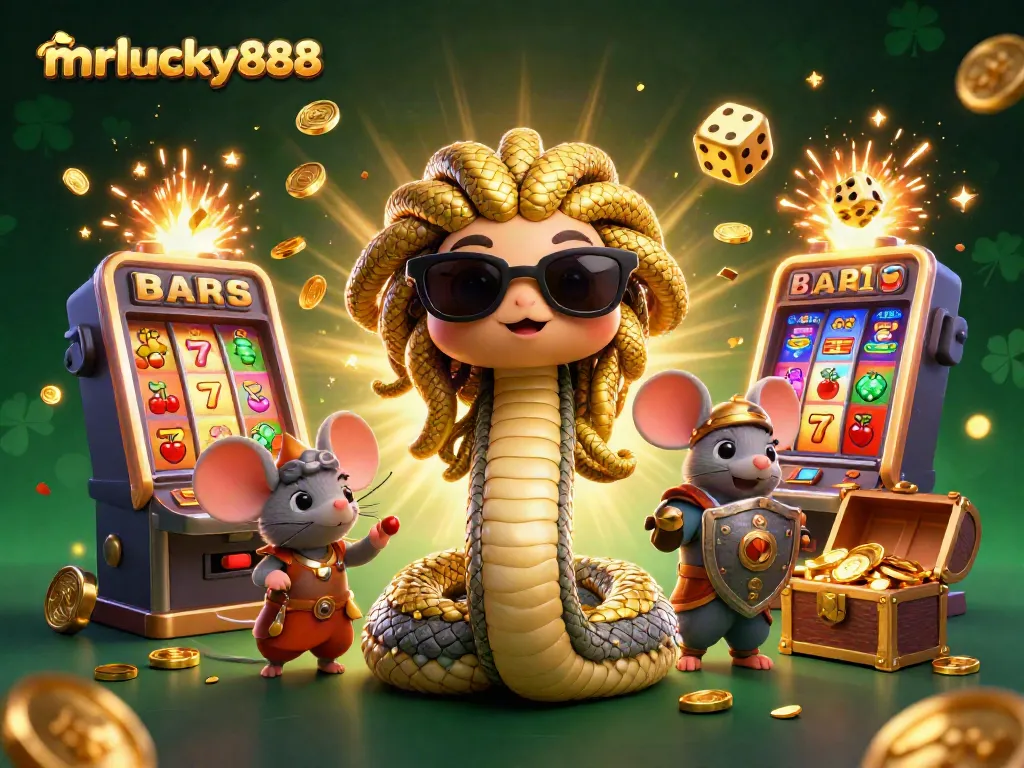Spin and win with mrlucky888's vibrant slot machine and charming characters in this exciting casino scene.