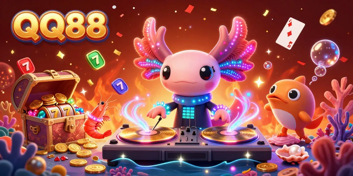 Experience QQ88 with a vibrant underwater casino scene featuring an axolotl DJ and dynamic game elements.