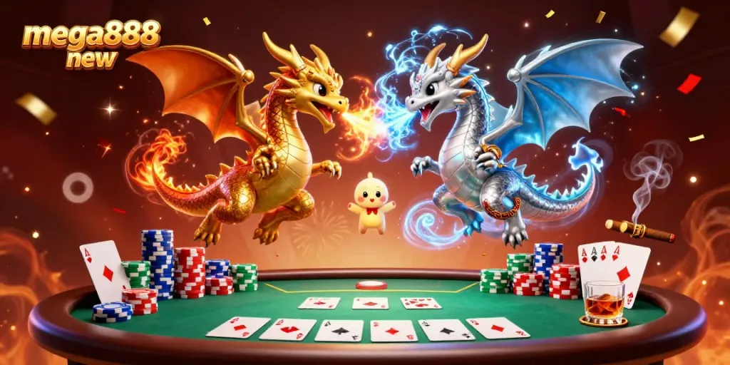 Engage with mega888 new in an exciting 3D illustration featuring dragons and casino elements.