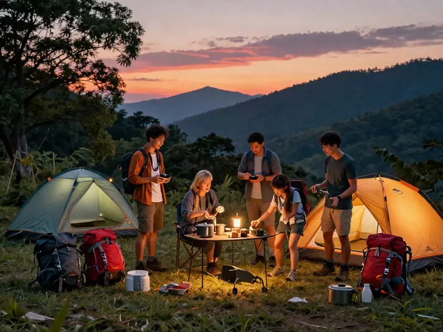 Outdoor adventurers examining rokok88 rtp camping gear amid sunset in nature