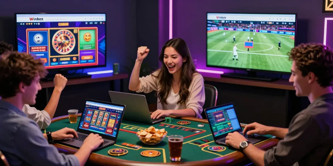 Friends enjoying gaming experience on the Winbox website, celebrating wins on mobile and laptops.