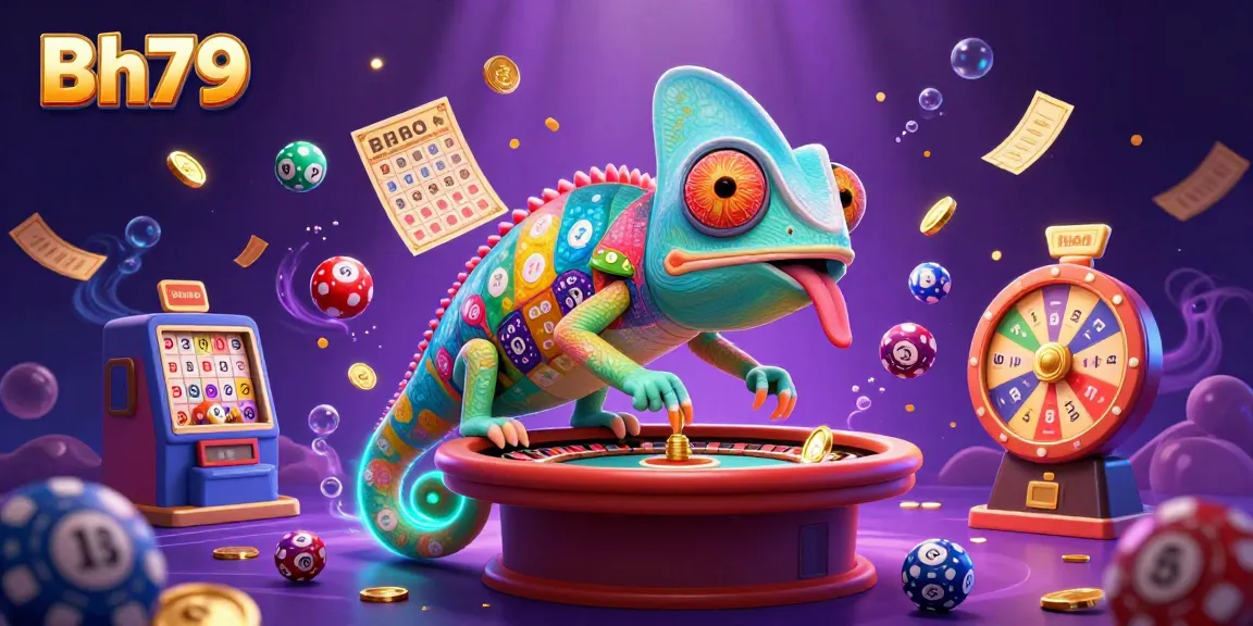 Experience Bh79 with a vibrant chameleon casino owner amidst colorful lottery elements and dynamic money effects.