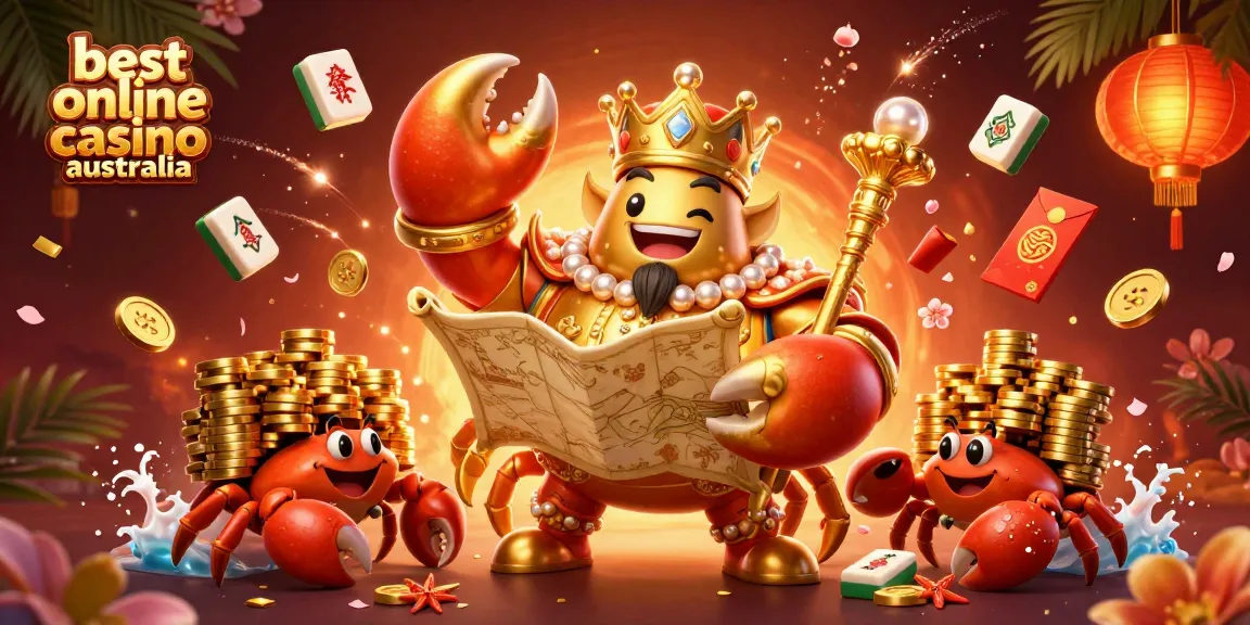 Experience the best online casino australia with a vibrant 3D casino scene featuring a golden crab emperor and festive elements.