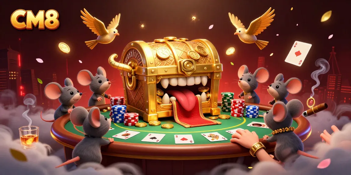 Engage with CM8 as cartoon mice are drawn to a golden treasure chest in a vibrant casino scene.