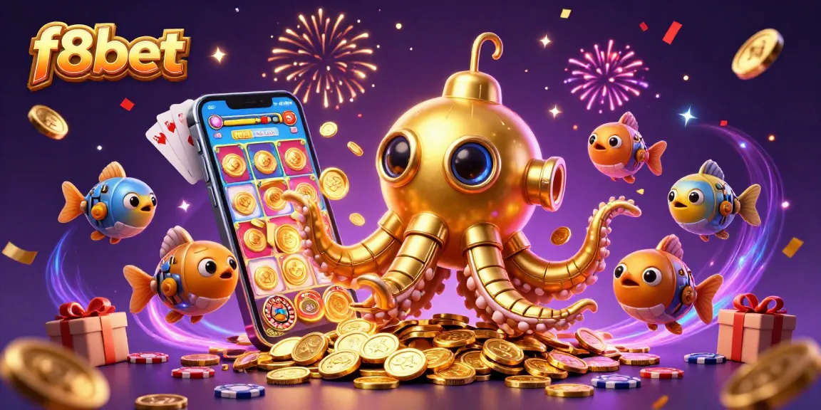 Win big with f8bet in this ultra-detailed 3D casino illustration featuring a kraken submarine and slots.