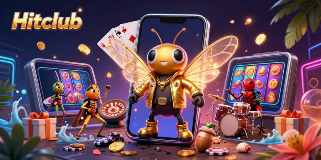 Hitclub showcases fun gaming scenes with vibrant characters, exciting slot games, and dynamic elements.