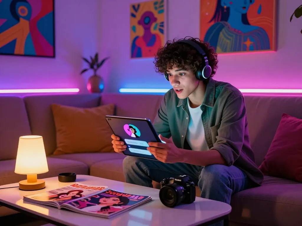 Engaging with ai chat nsfw on a sleek tablet in a vibrant digital lounge atmosphere.