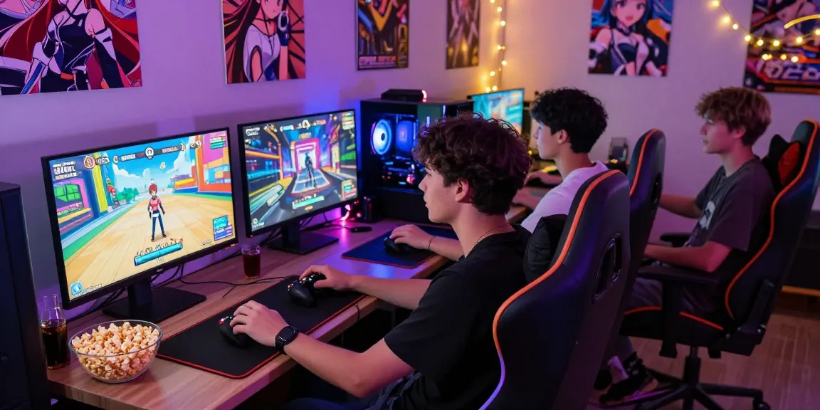 Engaged gamer playing ecchi simulator game in lively gaming lounge.