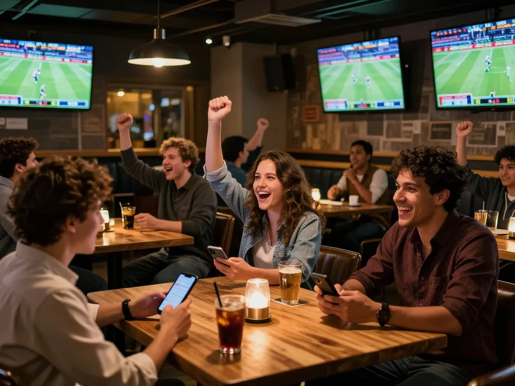 CM88 sports betting excitement in a lively bar with fans cheering and engaging on smartphones.