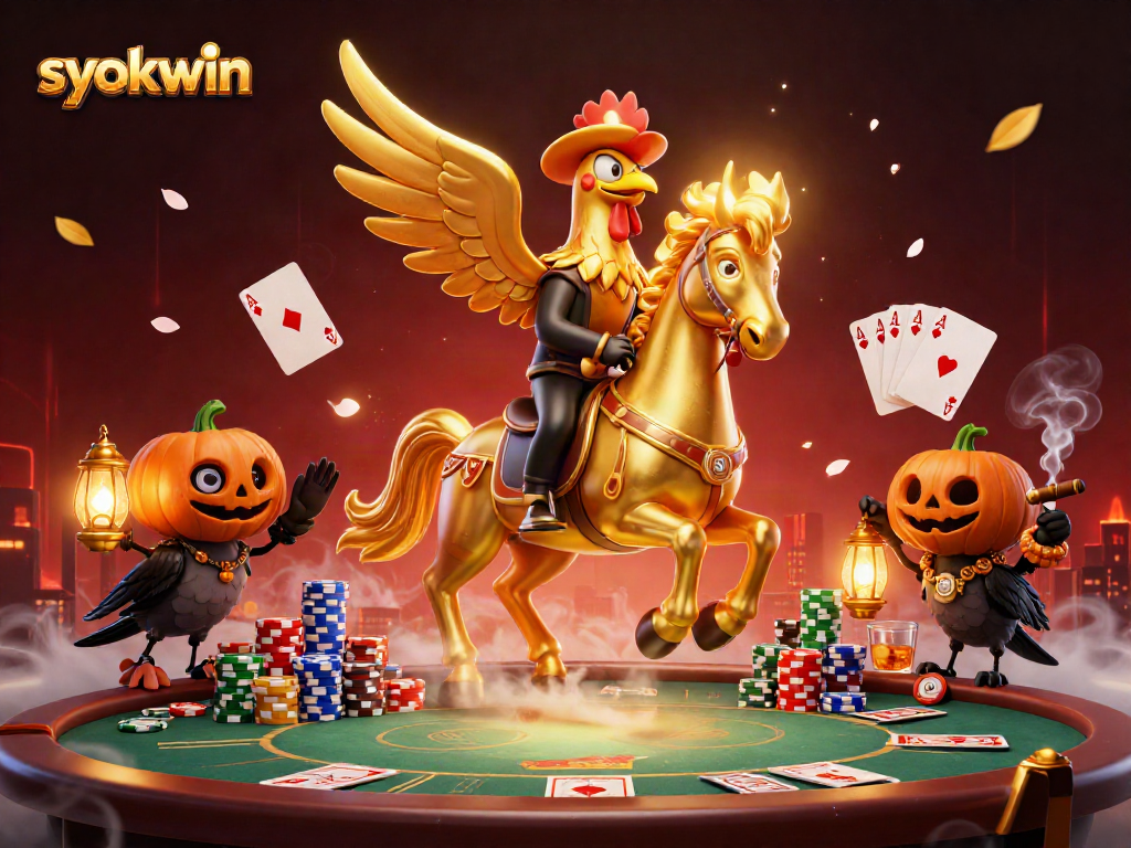 Win big at syokwin with a vibrant casino scene featuring a golden rooster and poker elements.