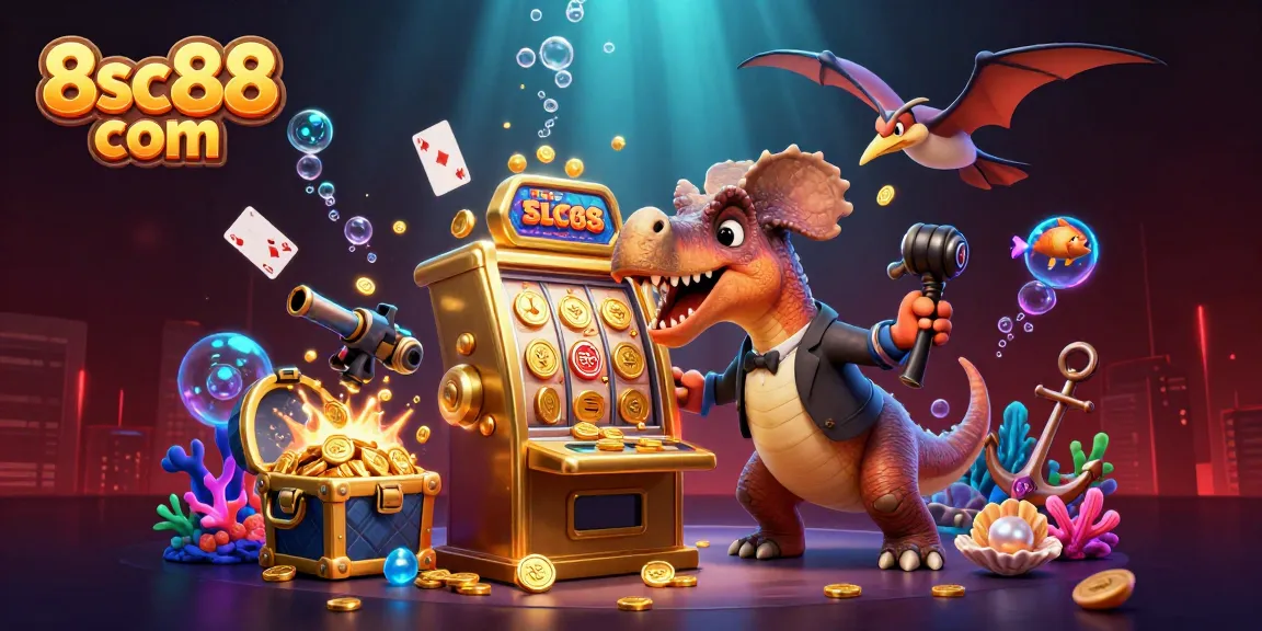 Headbutting pachycephalosaurus wins jackpots at 8sc88 com casino amidst flying coins and vibrant treasures.