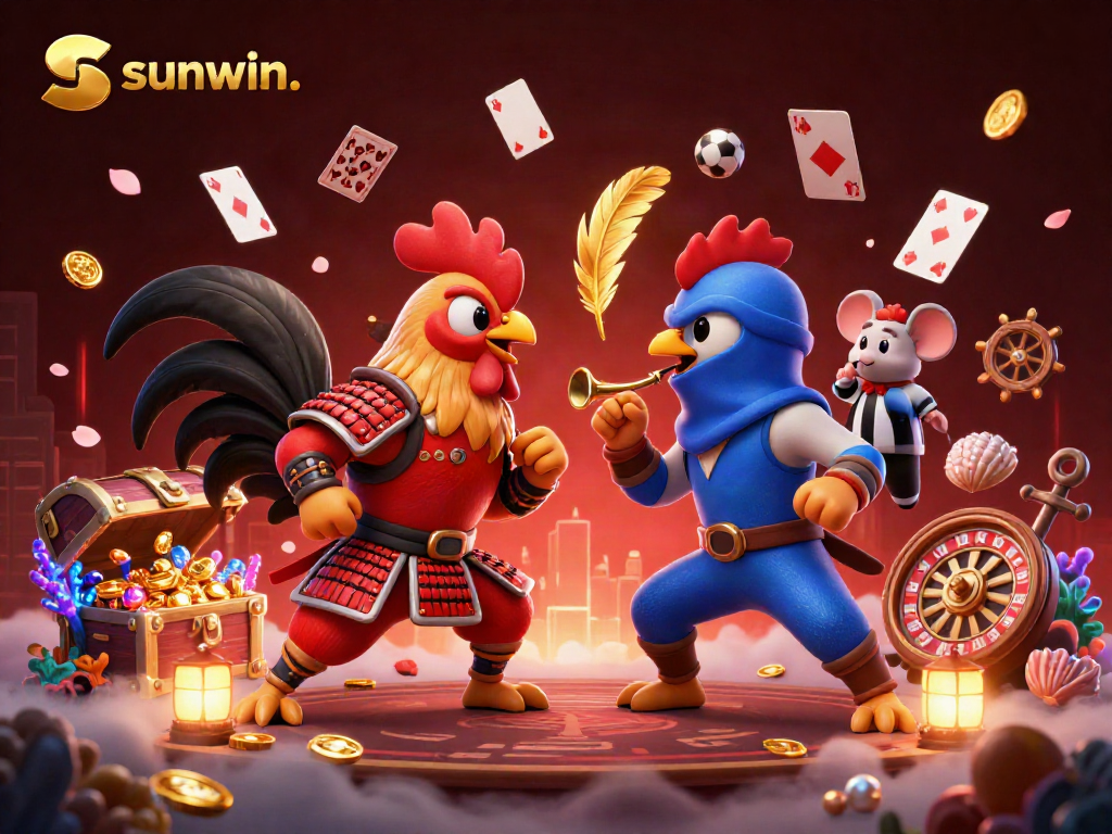 Engage with sunwin. in this vibrant 3D scene featuring duel roosters amidst floating casino elements, symbolizing thrilling online gambling.