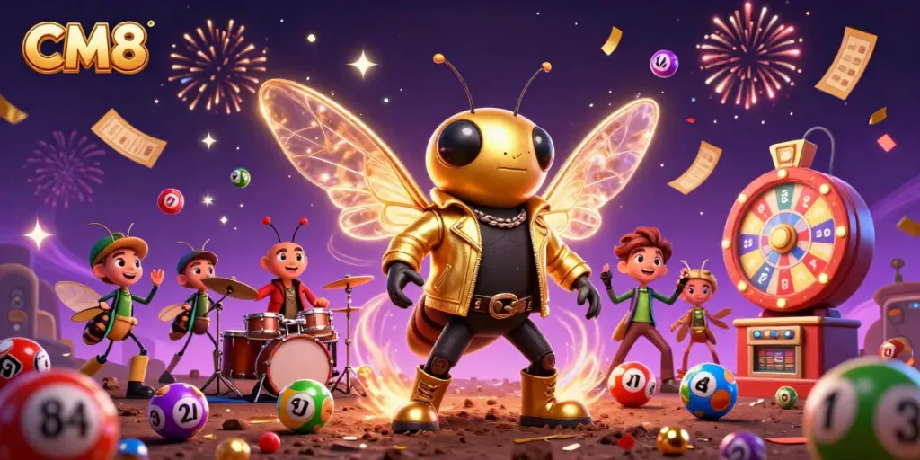 Experience thrilling wins at CM8 as a rock star croons amid vibrant lottery elements.