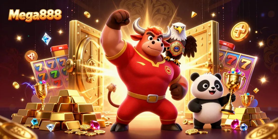 Mega888 engages players with vibrant 3D visuals showcasing a bull mascot, eagle, and panda celebrating a jackpot win.
