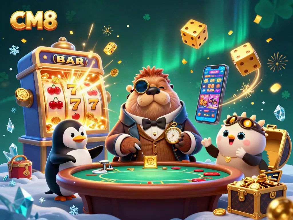 Experience thrilling CM8 casino action with a walrus and friends at a vibrant underwater poker table.