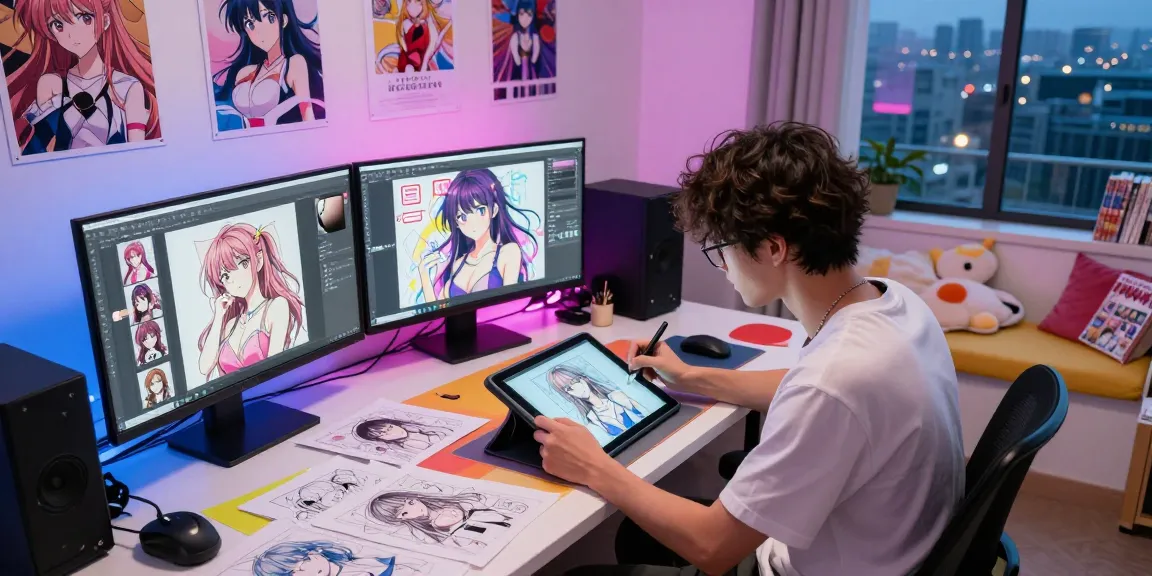 Vibrant workspace showcasing digital artist creating ai ecchi illustrations with tablet and screens