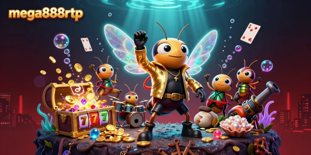 Experience mega888rtp slots with vibrant illustrations of a cicada rock star and glowing slot reels.
