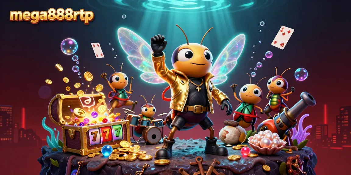 Experience mega888rtp slots with vibrant illustrations of a cicada rock star and glowing slot reels.