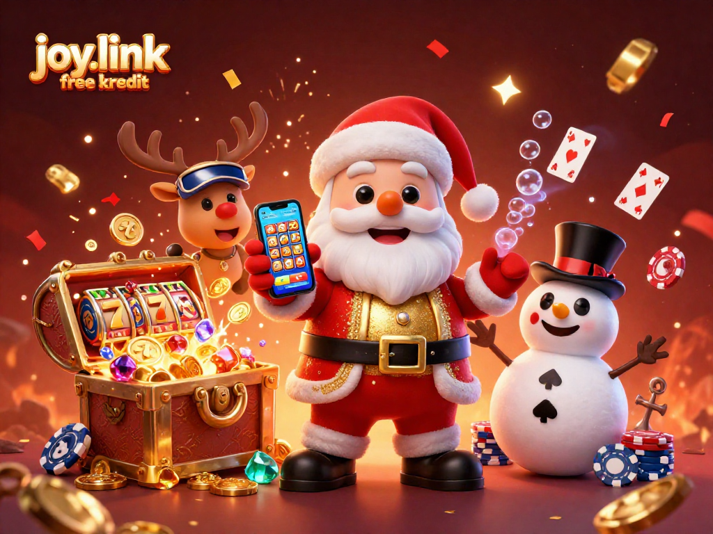 Spin the reels and win with joy.link free kredit in a dynamic casino-themed illustration.