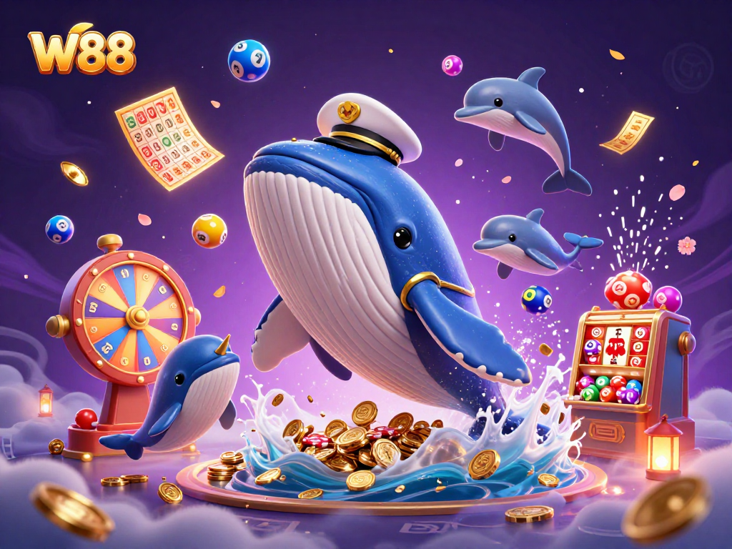 W88 offers thrilling gaming, featuring a giant whale breaching coins with playful dolphins and vibrant lottery elements.