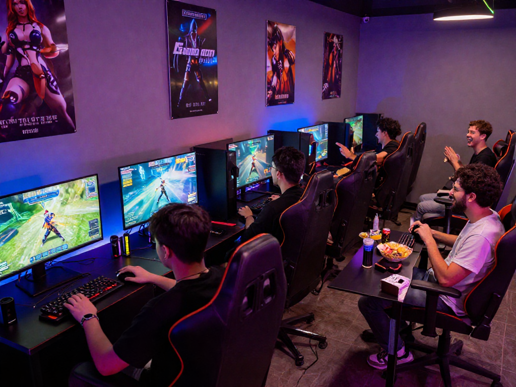 Engaging gaming lounge where friends enjoy playing porno games online, showcasing interactive fun and technology