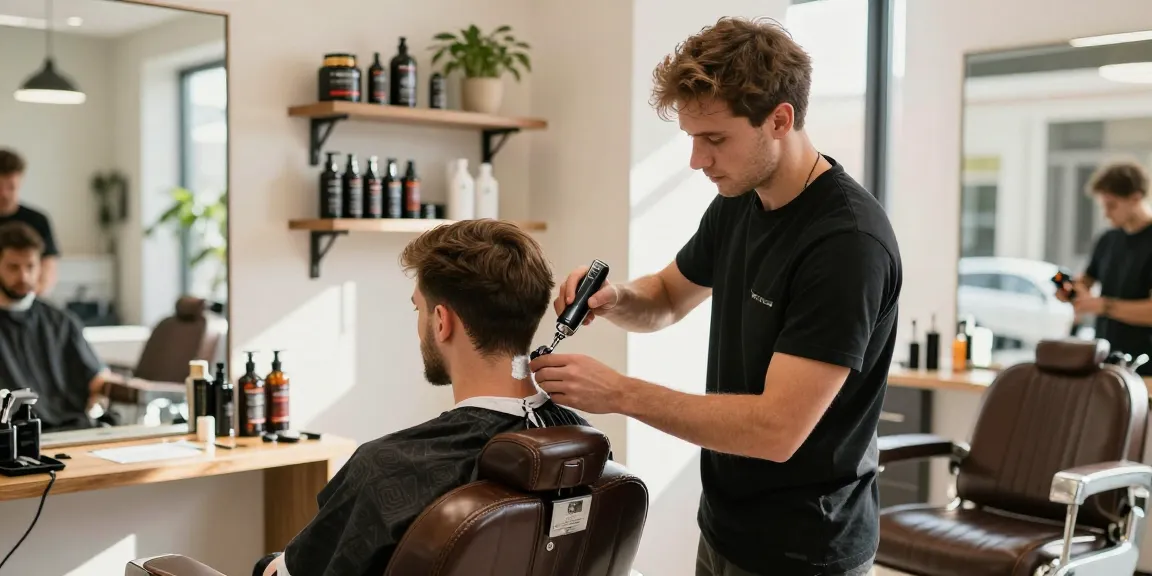 Grooming scene at https://www.shaverinfoformen.com with electric shaver in action, barber and client interaction.
