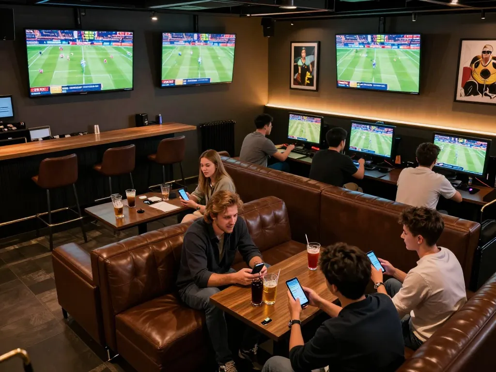 Engaged patrons analyzing keo nha cai in a lively sports betting lounge setting.