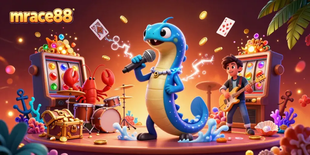 Experience vibrant gameplay at Mrace88 with dynamic characters and thrilling casino elements in this 3D illustration.