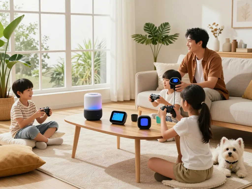 Family enjoying tech gadgets for home in a modern living room with smart speakers and gaming.