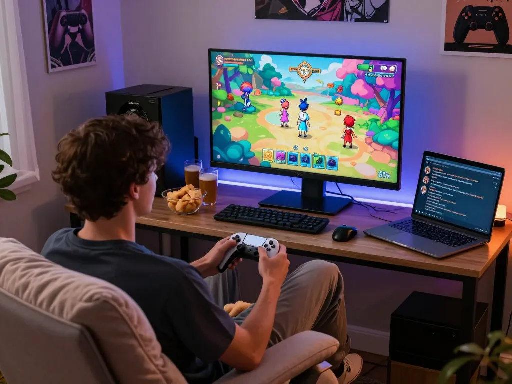 Engaging setup featuring a player enjoying a porno game in a cozy gaming environment.