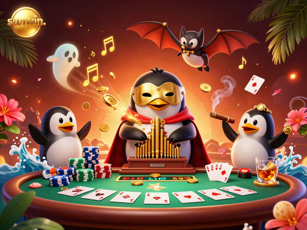 Experience excitement with sunwin. as a cartoon penguin plays a golden organ amidst a vibrant casino scene.