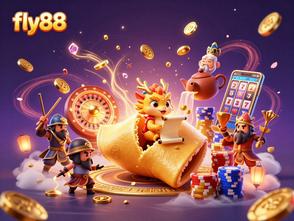 Experience the thrilling adventures of fly88 with dynamic gambling elements featuring a golden fortune cookie and illustrations.