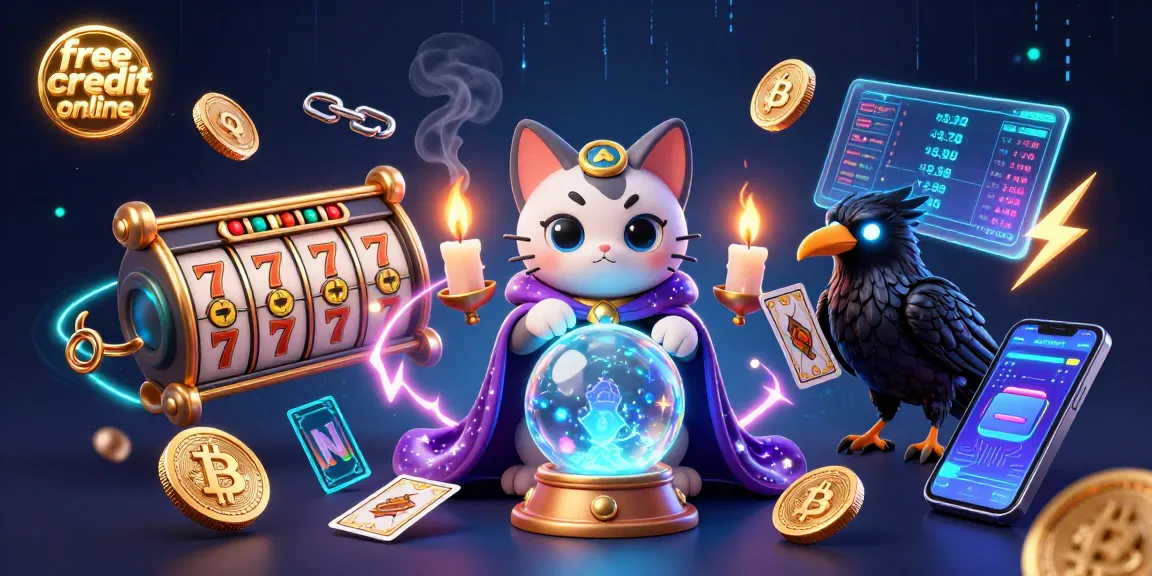 Engage in thrilling gameplay with free credit online, featuring a mystic cat and glowing casino symbols.
