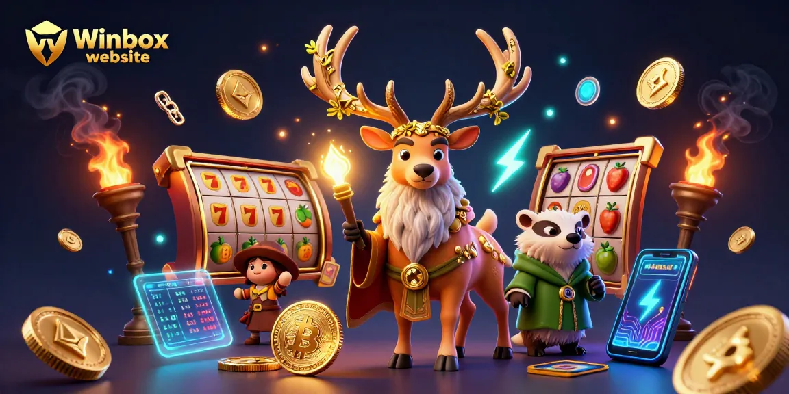 Winbox website: Experience vibrant 3D casino action with druid stag, badger, and dynamic gaming elements.