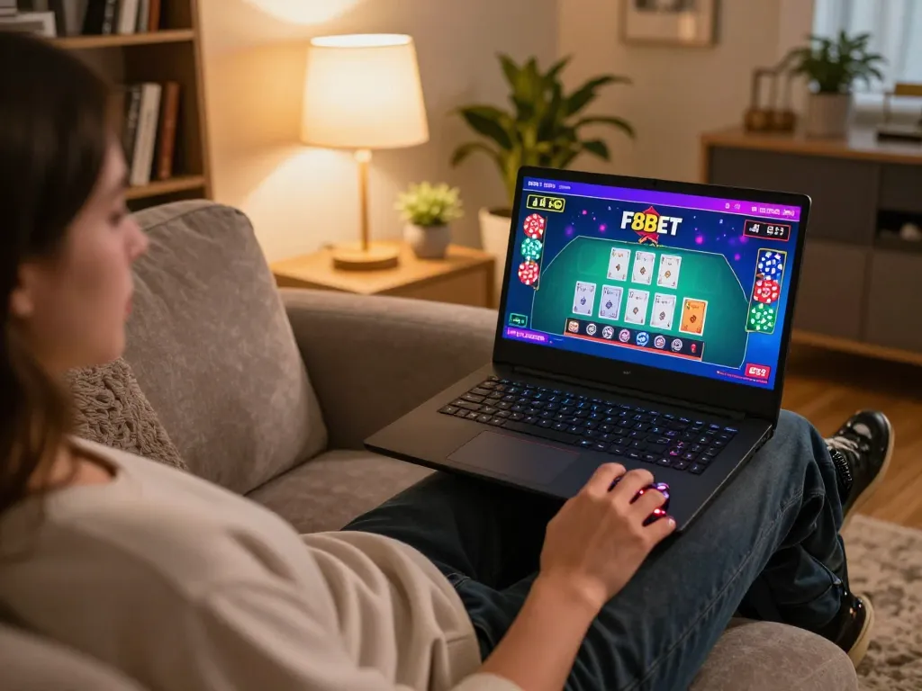 F8BET online player engaging in blackjack strategy on laptop in a cozy home setup