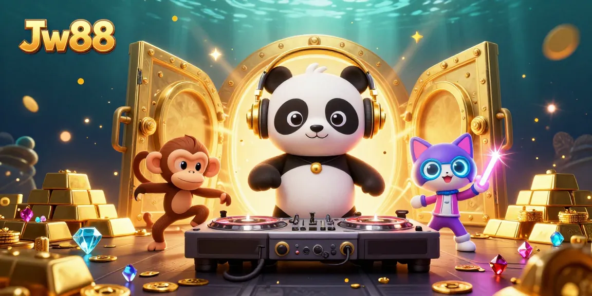 Experience Jw88 fun with DJ panda and vibrant characters at this animated casino scene!