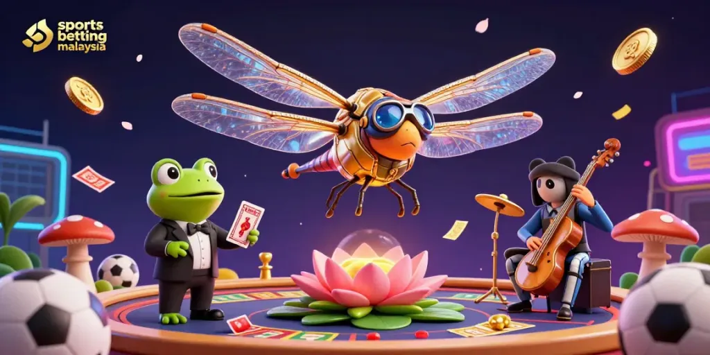 Engage with sports betting malaysia showcasing a lively dragonfly pilot, frog dealer, and cricket musicians amid vibrant betting elements.