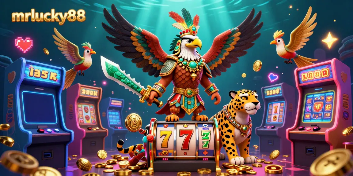Win big with mrlucky88 in this vibrant 3D casino scene featuring Aztec warriors and arcade games.