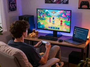 Engaging setup featuring a player enjoying a porno game in a cozy gaming environment.