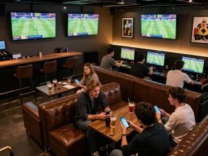 Engaged patrons analyzing keo nha cai in a lively sports betting lounge setting.