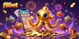 Win big with f8bet in this ultra-detailed 3D casino illustration featuring a kraken submarine and slots.